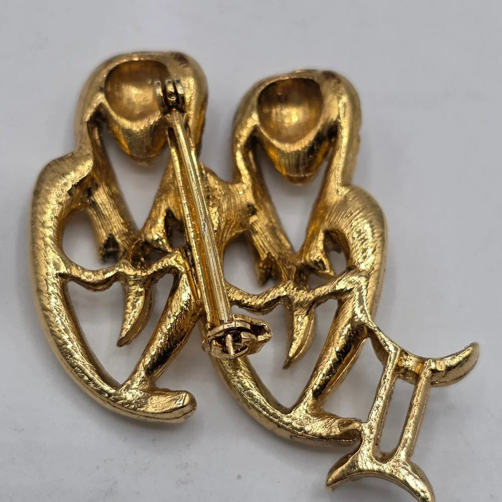 Vintage Gemini Zodiac Brooch Gold Tone Faux Pearl Rhinestone Twin Goddess Pin